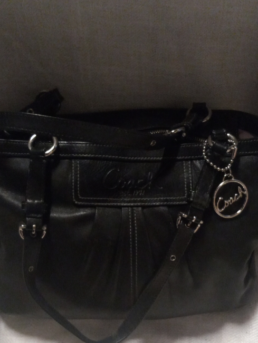 Coach Black Leather Tote with Silver Charm Accent